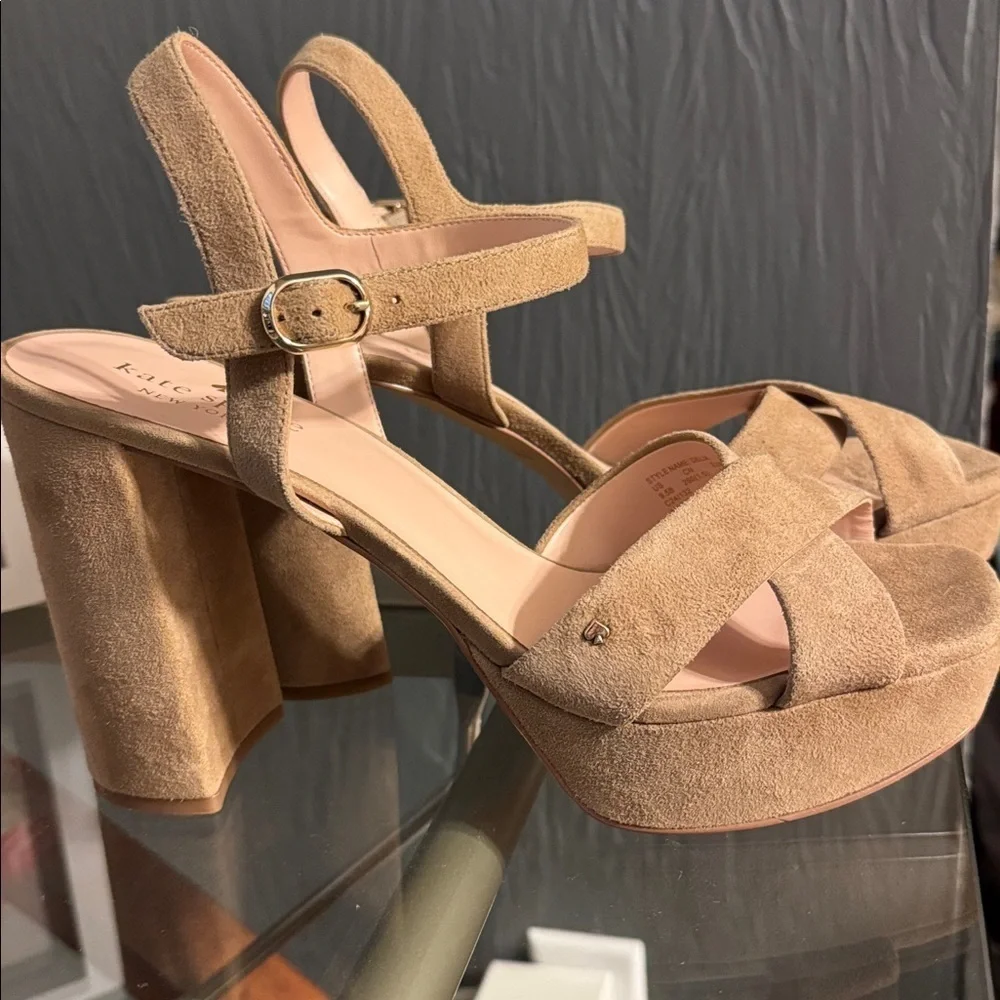 Kate Spade Tan Delphi Platform Block Heeled Sandals Open Toe Ankle Strap Sz 9.5B